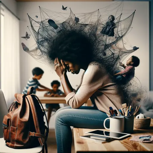 An intimate image of a Black mother with her head in her hands, portraying a moment of overwhelming emotion. She is seated in a home setting, possibly. blog post got mom guilt