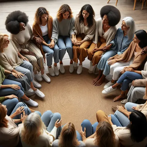 An uplifting image of a group of mothers supporting each other in a circle or group setting. The mothers are visually diverse, representing a range of. blog post got mom guilt