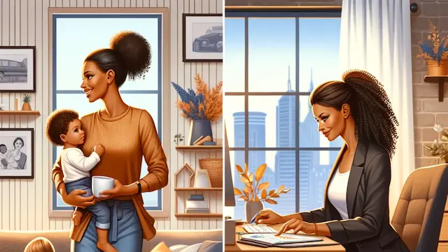 one of a Black stay-at-home mom in a domestic setting, and another of a Brown working mom in a professional environment.