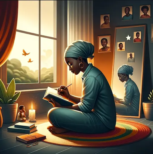 Positive self-reflection: enhancing your parenting journey. mother sitting on her room floor and journaling