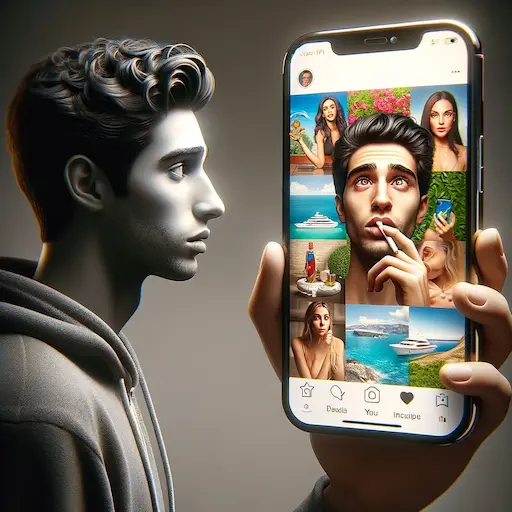 An image showing a person of an unspecified descent looking at their phone. The phone screen is displaying exaggerated, idealized images like a perfec How to Handle Thinking That Other People Are Bette