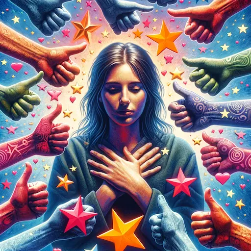 An image of a collage featuring various societal approval symbols like thumbs up, stars, and hearts surrounding a central figure. The person in the ce How to Handle Thinking That Other People Are Better Than Us