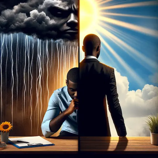 A split image showing the same black person in two scenarios_ On one side, they are slumped over a desk, surrounded by dark, stormy clouds, symbolizing. blog Note to self change mindset speak life