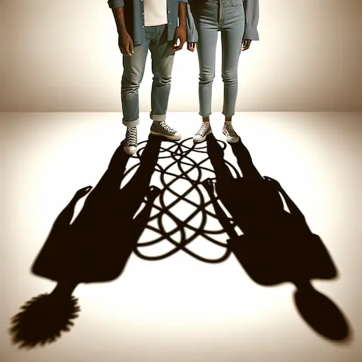 Two African American people standing close together with their shadows on the ground intertwined symbolizing codependency and enmeshment in relation