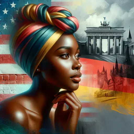 artistic representation of a thoughtful black woman wearing a colorful headwrap. She is in a contemplative pose perhaps looking out a window or ga