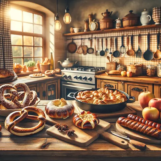 cozy inviting kitchen interior with a rustic charm. The scene includes a wooden table adorned with traditional German foods. On the table there ar