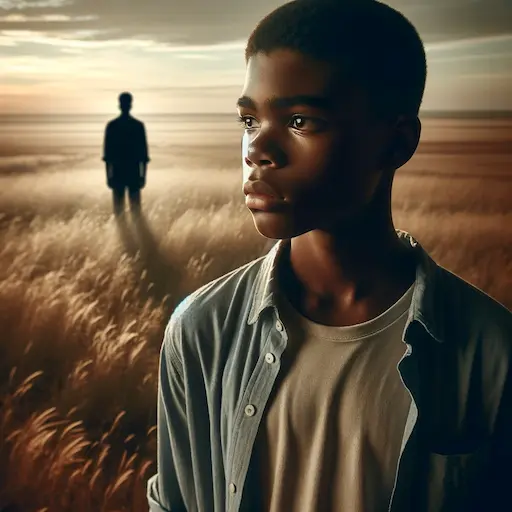 emotional scene with a young black teenage boy looking longingly towards a distant figure. The boy is around 15 years old, with short hair. deep absent fathers quotes