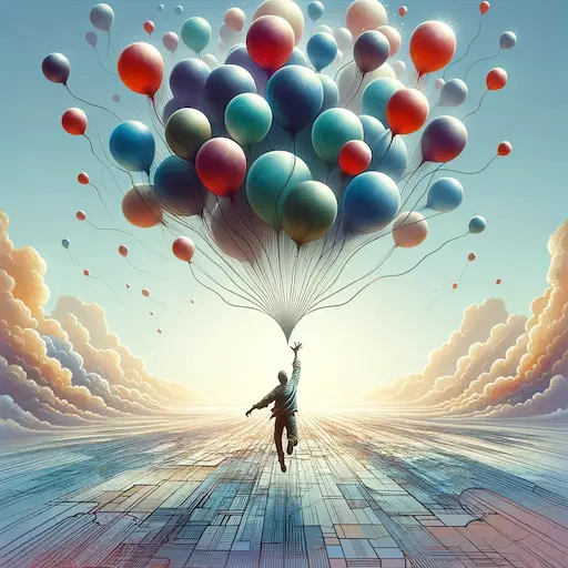 graphic that symbolically represents the themes of forgiveness and moving forward. The central image is of a is of a person, hyper-focused, releasing a cluster of balloons into the sky. These balloons symbolize letting go of past grievances and the journey towards healing and forgiveness. . deep absent fathers quotes