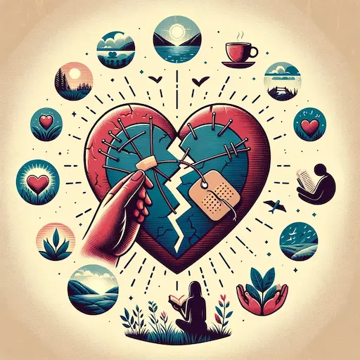 graphic that visually represents emotional healing and finding solace. The central image is a broken heart being mended. deep absent fathers quotes