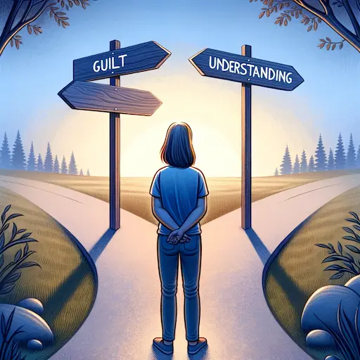 illustration showing a person at a crossroads, depicting a moment of personal decision-making in a family context. The person is depicted standing thoughtfully, facing two distinct paths. One path has a signpost labeled 'Guilt', symbolizing the feeling of guilt in family relationships. The other path has a signpost labeled 'Understanding', representing the journey towards understanding and coping with guilt. The background is serene, symbolizing the internal struggle and contemplation involved in these emotional decisions. The person's expression is one of contemplation, reflecting the challenge of choosing between guilt and understanding in family dynamics.