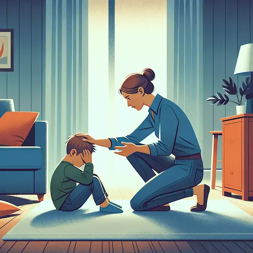 image depicting a parent calmly dealing with a childs temper tantrum. The scene is set in a home environment like a living room or a childs bedr