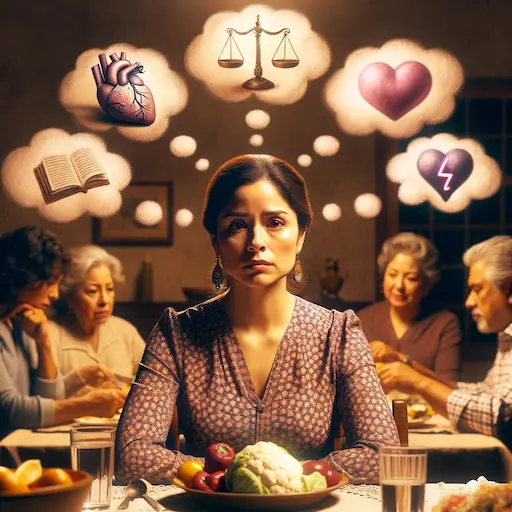 image of a Hispanic woman sitting at a family dinner table, looking contemplative and surrounded by thought bubbles. The woman is depicted in a moment of deep introspection, with her expression conveying contemplation and emotional depth. Surrounding her are thought bubbles illustrating concepts of guilt and understanding, such as scales symbolizing balance, a heart representing emotional struggle, and light bulbs for moments of realization.
