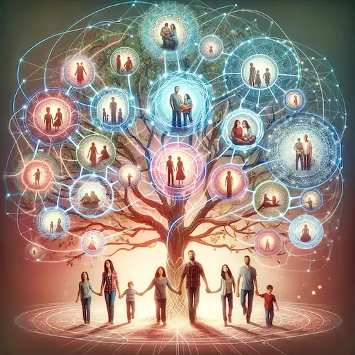 image of a family tree with a diverse representation of family members, each connected by healthy, glowing lines symbolizing boundaries and strong