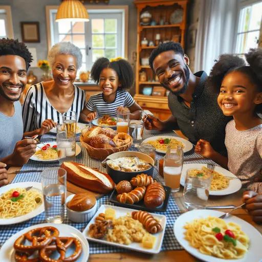 image of a happy German American black family of five gathered around a dining table enjoying a meal together. The family consists of two parents