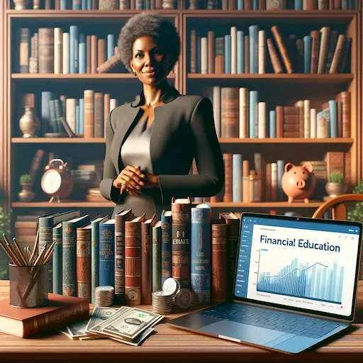 image of a visually appealing bookshelf filled with a variety of books on financial literacy personal finance and investment strategies. Next to