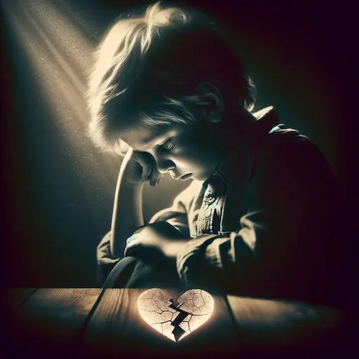 image showing a child deep in thought, conveying introspection and unspoken pain. The child, appearing around 8 years old. deep absent fathers quotes