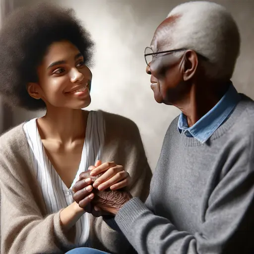 image showing a young black person holding hands with an elderly black person, symbolizing respect and care. Both individuals are smiling warmly at