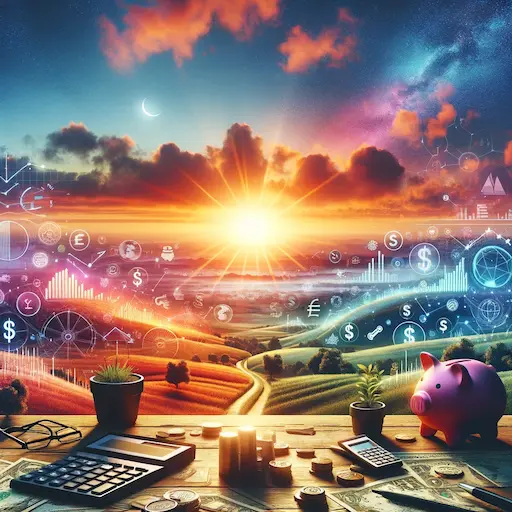 inspiring image of a sunrise over a landscape filled with financial symbols. The sunrise vibrant and full of warm colors symbolizes new beginning