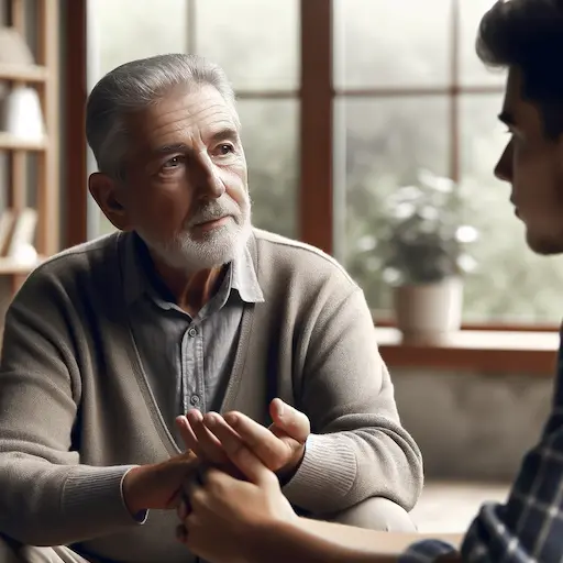 neutral image depicting a thoughtful conversation between an elder and a younger person, suggesting a discussion on boundaries. The elder, showing a