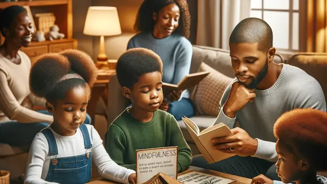 image of an African American family in their living room. Mindfulness quotes for kids