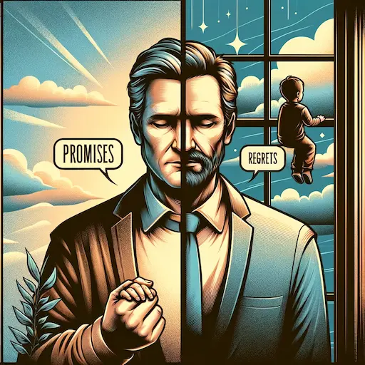 split graphic On the left side, illustrate the concept of a promise with an image of a father, on one side and regret on the other. deep absent fathers quotes