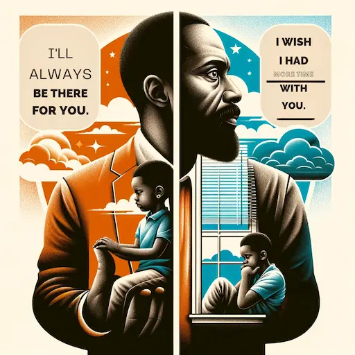 split graphic for 'Promises and Regrets'. On the left side, depict the father holding a child's hand, symbolizing care and commitment. This side represents a promise., deep absent fathers quotes