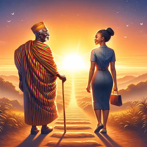 uplifting graphic of a Ghanaian elder father and his daughter in her 30s. The scene is set against the backdrop of a beautiful sunrise, symbolizing new beginnings and hope. The father, dressed in traditional Ghanaian attire, is not a distant figure but is depicted as slowly approaching closer to his daughter, symbolizing a rekindling of their relationship. deep absent fathers quotes