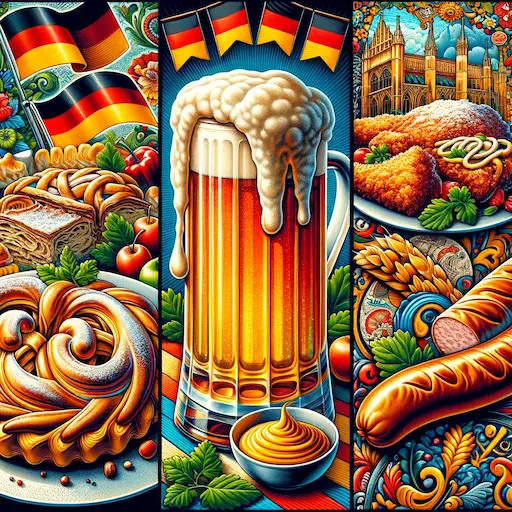 vibrant and colorful collage showcasing a variety of German cuisine. The collage includes a frothy mug of beer a slice of freshly baked apple strud