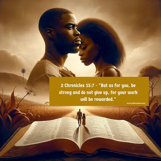 couple in a moment of uncertainty, yet standing together against a backdrop that symbolizes hope and the promise of new beginnings, with an open page of a Bible overlaid 2 Chronicles 15:7 bible verses about not giving up on a relationship