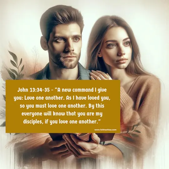 couple in a moment of uncertainty, yet standing together against a backdrop that symbolizes hope and the promise of new beginnings, with an open page of a Bible overlaid John 13:34-35 bible verses about not giving up on a relationship