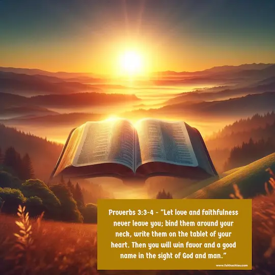 A serene landscape with a sunrise, overlaid with a an open page of a bible. This image can symbolize hope and new beginnings. overlay Proverbs 3:3-4 bible verses about not giving up on a relationship