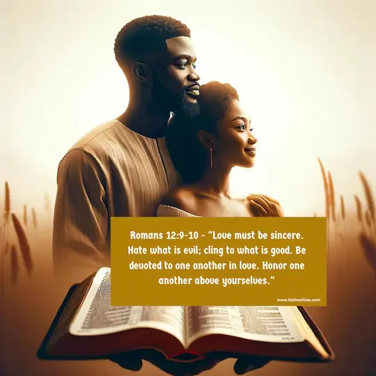 A heartfelt image of a loving Ghanaian couple in the background, overlaid with a an open page of a bible. This image can symbolize hope and new beginnings. overlay Romans 12:9-10 bible verses about not giving up on a relationship