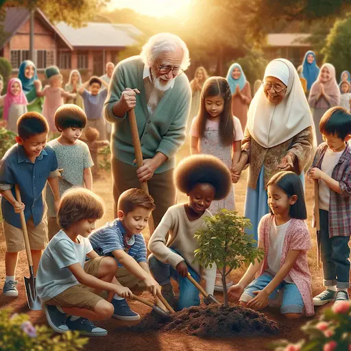 image of older children of different races, genders, and ethnicities engaging in an act of kindness, planting a tree.