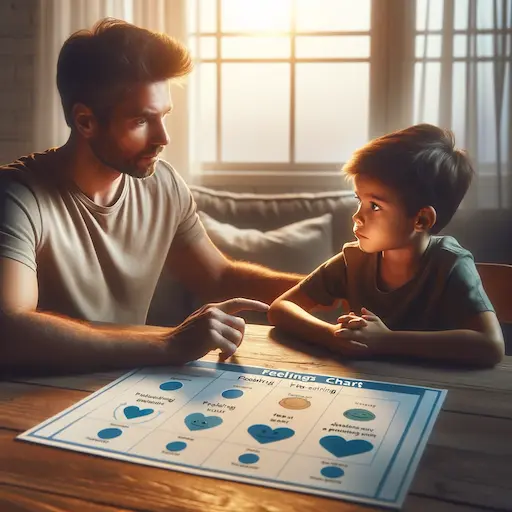 parent and child sitting together at a table engaging in a serious conversation with the help of a visual aid 1