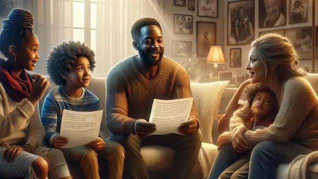 three children are being questioned by their parents. questions are read off a piece of paper.