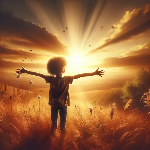 warm, uplifting image of black girl with arms spread wide, standing in a field or on a hill, looking towards the sky, showing gratitude.