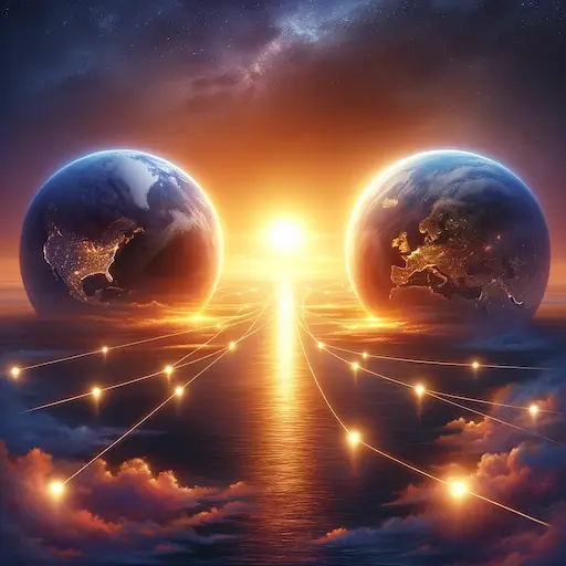 A dawn or sunrise scene over two interconnected worlds symbolizing hope and the new beginnings that can emerge from successfully navigating the chall 1