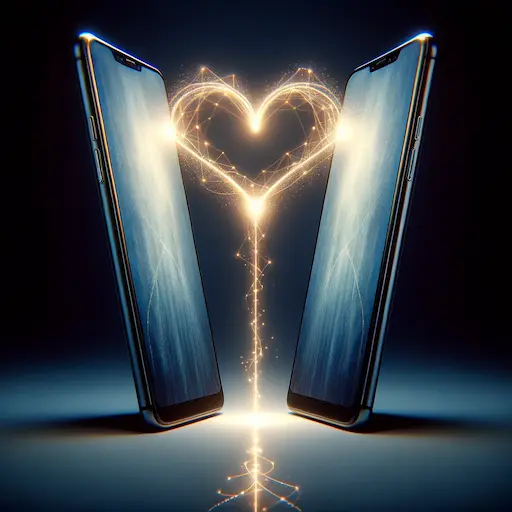 Two smartphones facing each other with a luminous heart shaped connection flowing between them symbolizing the deep emotional bonds tha 1