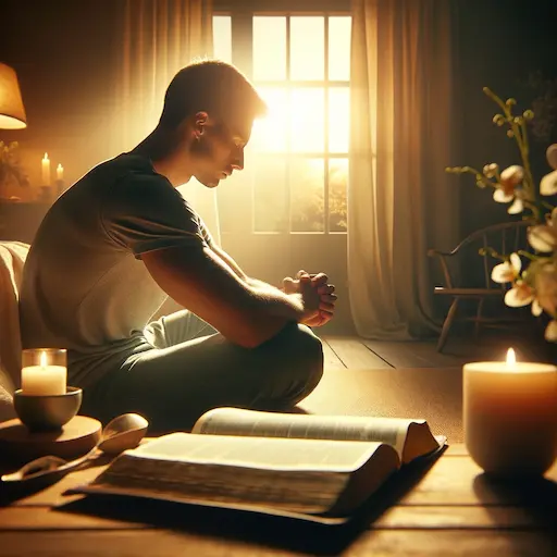 a person in a quiet, contemplative pose, sitting with an open Bible in front of him, emphasizing the personal and intimate aspect of prayer. The setting is serene and peaceful, possibly in a softly lit room or a calm outdoor environment. The man is focused and serene, symbolizing a moment of deep connection and communication with the divine. Surrounding elements such as gentle lighting, a candle, or natural elements like flowers or a peaceful garden view is enhancing the atmosphere of tranquility and spiritual introspection. This image conveys the essence of prayer as a deeply personal and intimate interaction with God.