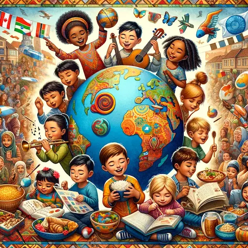 children of diverse races ethnicities and genders engaging various cultural activities around the world. The i 1