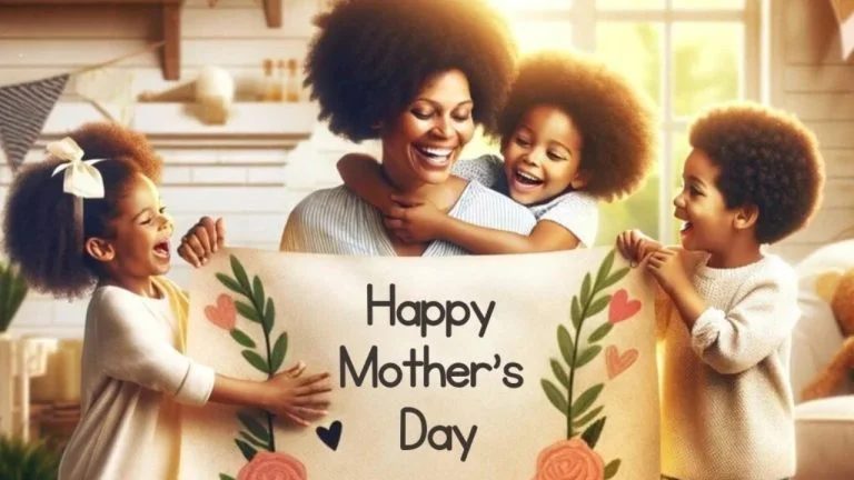 children presenting a large banner to mother. mothers day quotes for friends and family