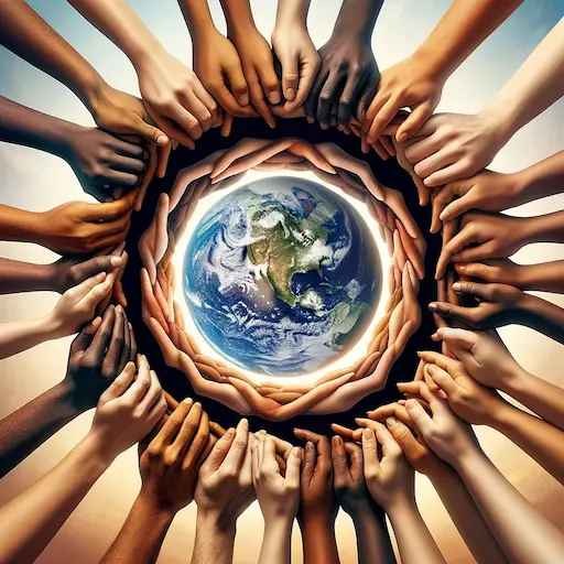 circle of hands of different skin tones joined together over the earth symbolizing unity and respect for diverse beliefs and th 1