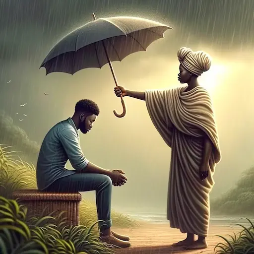 comforting scene depicting one person holding out an umbrella over another who is depicted at a slight distance. This scene symbo 1