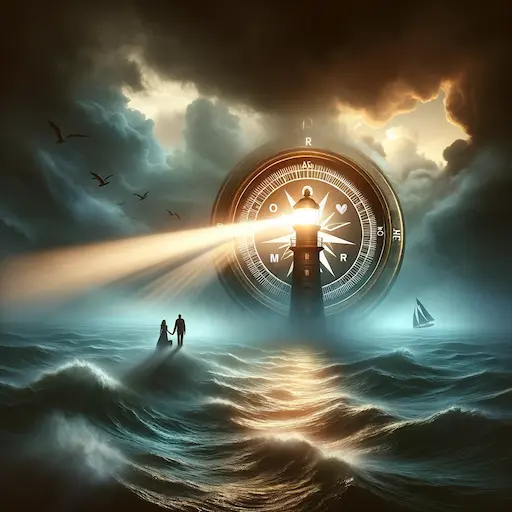 compass or a lighthouse illuminating a path over troubled waters symbolizing the guidance professional support provides to couples navigating the c 1