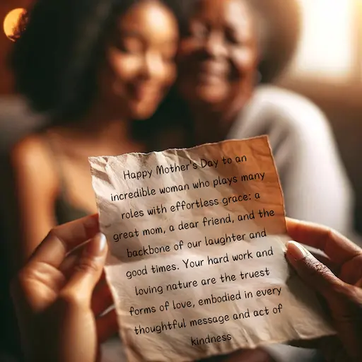 handwritten mothers day quote from daughter to mother. blurred background capturing mother and daughter embracing