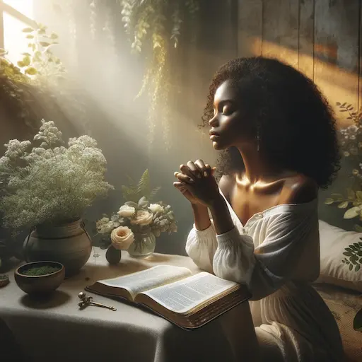 image depicting a woman of color in a moment of prayer or reflection, with an open Bible and her hands folded in prayer.