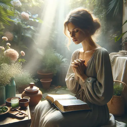 a woman in a moment of prayer and reflection, with an open Bible in her lap and hands folded in prayer.