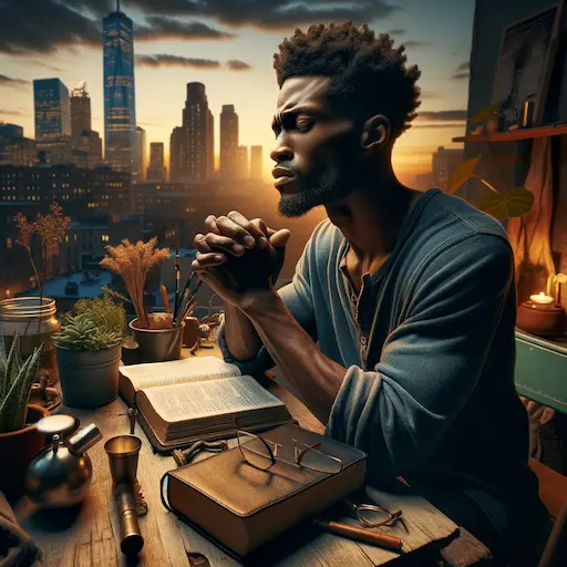 image depicting an African American man in a moment of discernment, actively seeking God's guidance. Captured in a setting that combines elements of urban and natural environments, reflecting the diversity of the African American experience. He is found in a peaceful corner of a city park, on a rooftop overlooking the skyline at dawn or dusk, or in a quiet, reflective space in his home, surrounded by items that signify personal and cultural identity, such as books, art, or music instruments. His expression embodies deep thought and introspection, with a Bible and journal close at hand, symbolizing his quest for spiritual wisdom and understanding. The surrounding elements include motifs that evoke a sense of serenity and determination, such as a cityscape in the background, plants, or soft lighting, highlighting the theme of seeking clarity and guidance in the midst of everyday life.