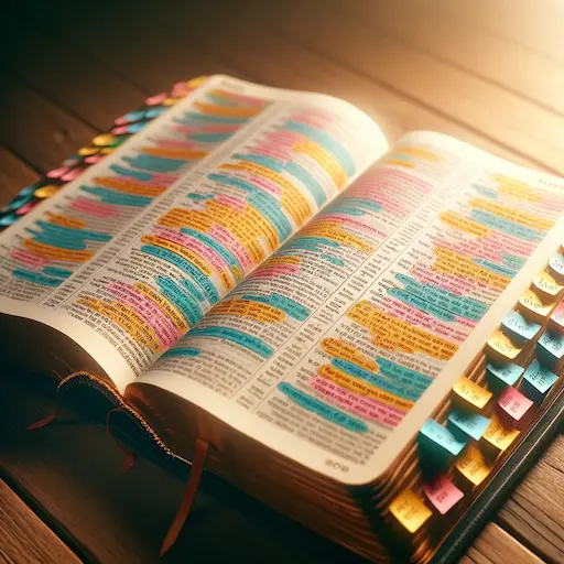 open Bible with key verses highlighted or marked with colorful tabs. This scene visually represents the thoughtful process of selecting 1