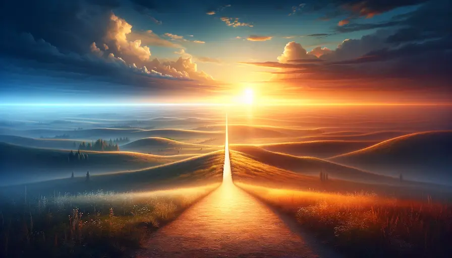 panoramic view of a clear path forward cutting through a serene landscape and leading towards a horizon illuminated by either a rising or se 1